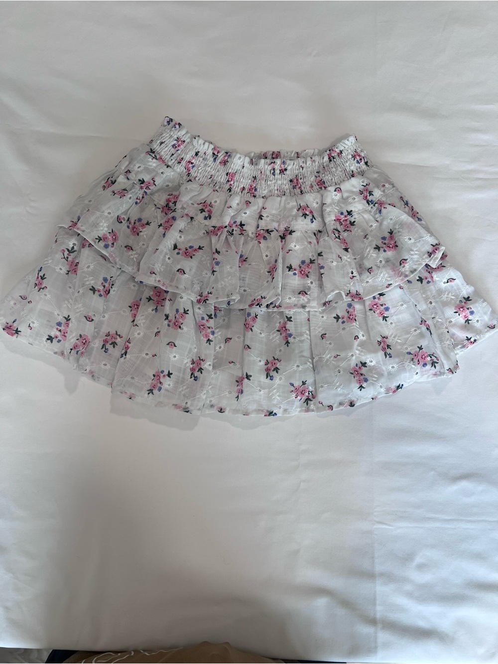 Floral Tiered Mini Skirt - White with Pink Rose Print